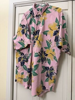 Polo Ralph Lauren Oxford Button Front Shirt Pink Floral Hibiscus Men's XLT